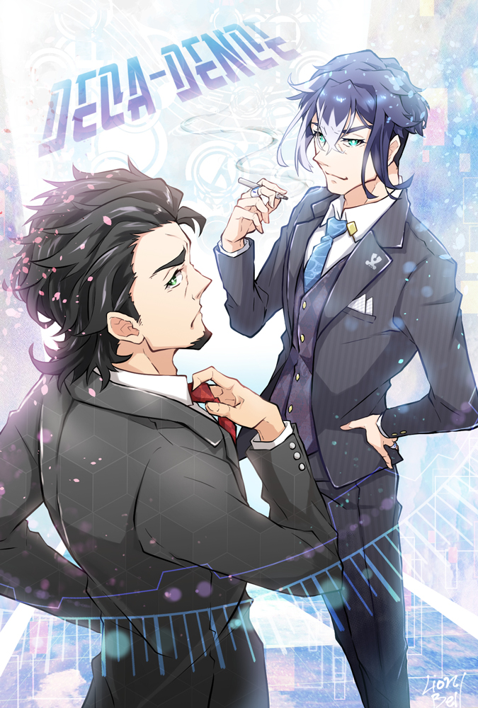 2boys, black_hair, black_jacket, black_pants, black_vest, blue_hair, blue_necktie, closed_mouth