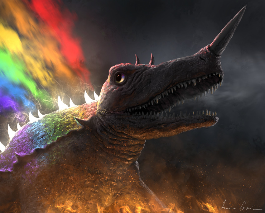 absurdres, barugon, cloud, cloudy_sky, daiei_motion_picture, electricity, embers, energy