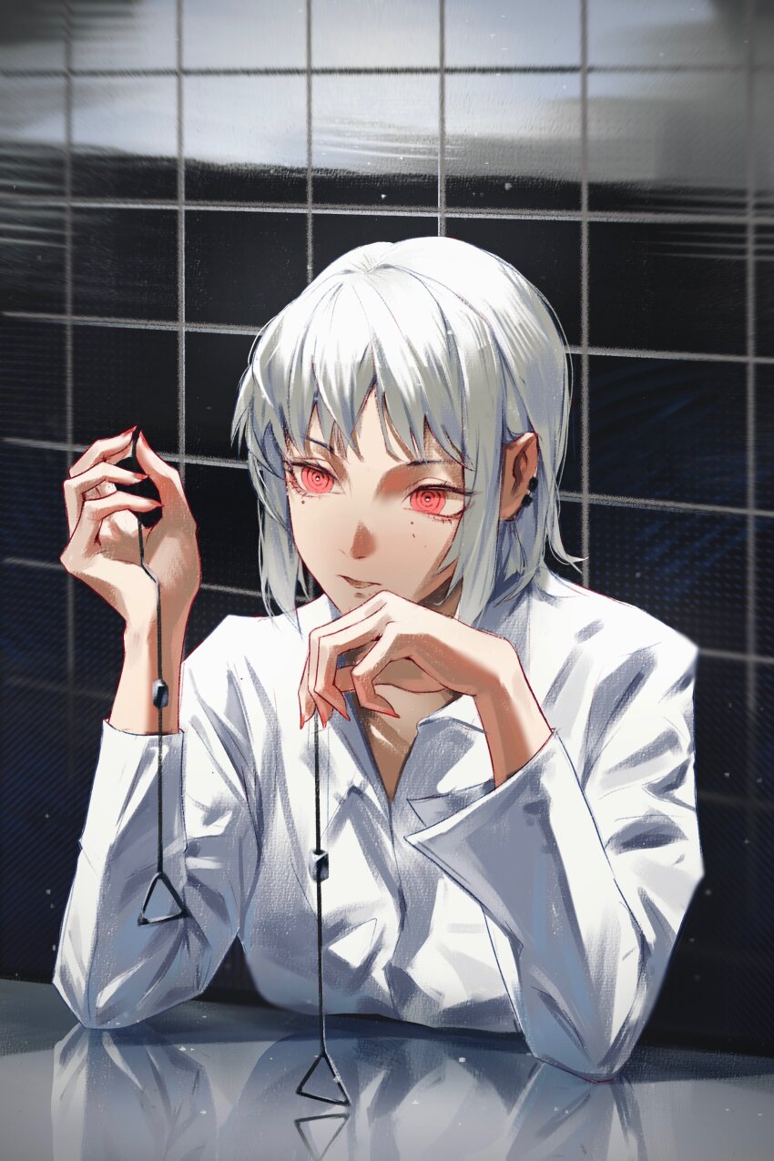 1girl, absurdres, chainsaw_man, collared_shirt, earrings, earrings_removed, elbow_rest, fami_(chainsaw_man)