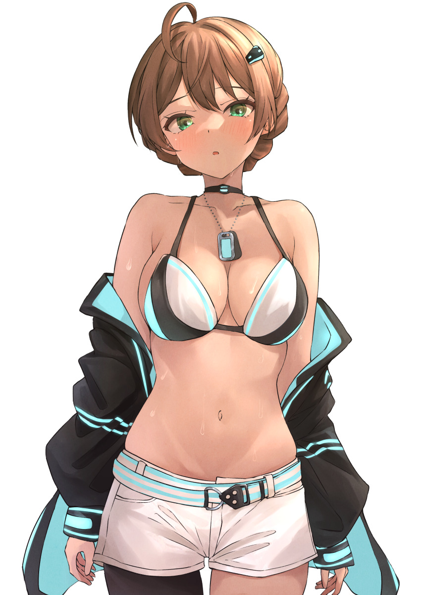 1girl, absurdres, ahoge, asymmetrical_legwear, b1ack_illust, bikini, bikini_top_only, blush, braid, breasts, brown_hair, cleavage, collarbone, commentary_request, commission, dance_on_the_galaxy_(idolmaster), green_eyes, highres, idolmaster, idolmaster_million_live!, idolmaster_million_live!_theater_days, jacket, jacket_partially_removed, large_breasts, looking_at_viewer, multicolored_jacket, navel, off_shoulder, pixiv_commission, sakuramori_kaori, shorts, simple_background, solo, stomach, swimsuit, two-tone_jacket, white_shorts