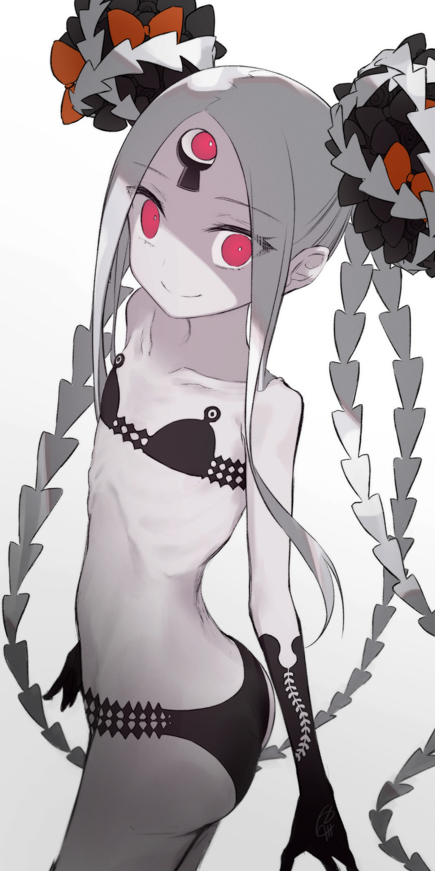 1girl, abigail_williams_(fate), abigail_williams_(swimsuit_foreigner)_(fate), abigail_williams_(swimsuit_foreigner)_(first_ascension)_(fate), absurdres, ass, bikini, black_bikini, black_bow, black_gloves, bow, colored_skin, cowboy_shot, double_bun, fate/grand_order, fate_(series), flat_chest, gloves, grey_hair, grey_skin, hair_bow, hair_bun, highres, keyhole, long_hair, looking_at_viewer, multiple_hair_bows, orange_bow, parted_bangs, red_eyes, skinny, smile, solo, staring, swimsuit, third_eye, very_long_hair, yubeshi_(zecxl)