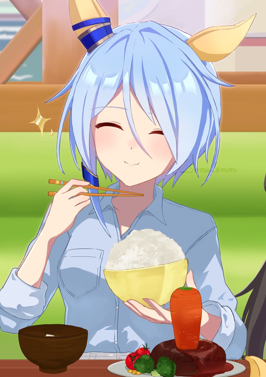 1girl, animal_ears, blue_eyes, breasts, carrot, casual, chopsticks, commentary_request