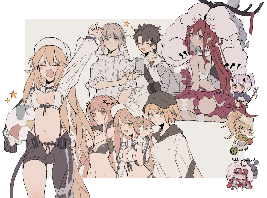 2boys, 6+girls, :o, absurdly_long_hair, absurdres, arm_up, artoria_caster_(fate), artoria_caster_(swimsuit)_(fate)