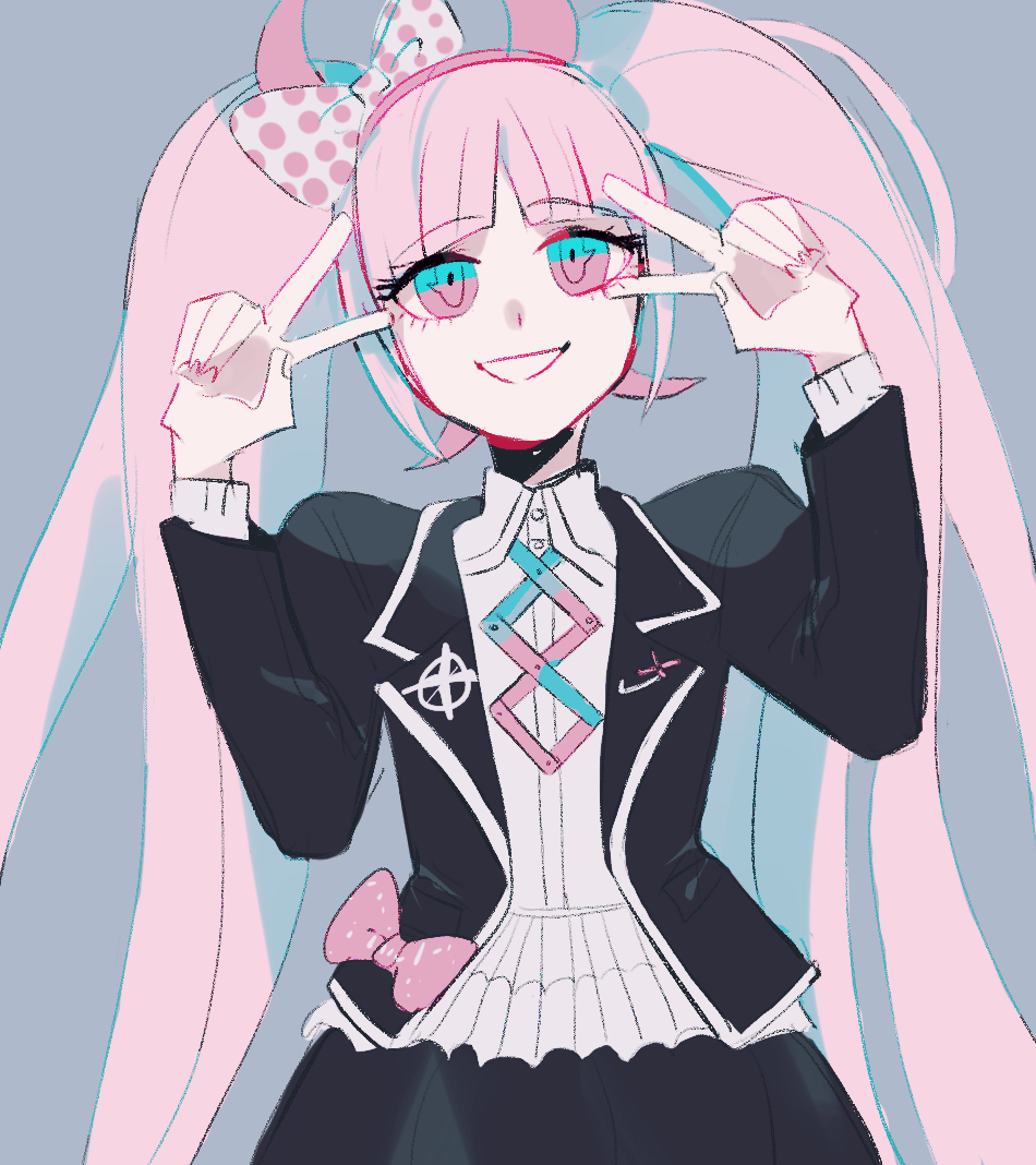 1girl, badge, black_jacket, black_skirt, blue_background, blue_eyes, blue_ribbon, bow