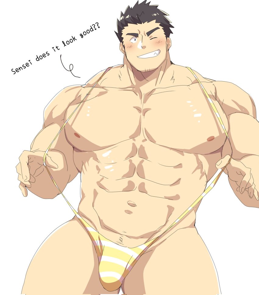 1boy, abs, bara, blush, bulge, grin, highres, large_pectorals, leoandaslan_(leobongnana), long_sideburns, looking_at_viewer, male_focus, male_swimwear, muscular, muscular_male, navel, nipples, one_eye_closed, pectorals, protagonist_3_(housamo), seductive_smile, short_hair, sideburns, slingshot_swimsuit, smile, solo, stomach, striped_male_underwear, strongman_waist, swimsuit, thick_eyebrows, thick_thighs, thighs, tokyo_houkago_summoners, topless_male, yellow_male_swimwear