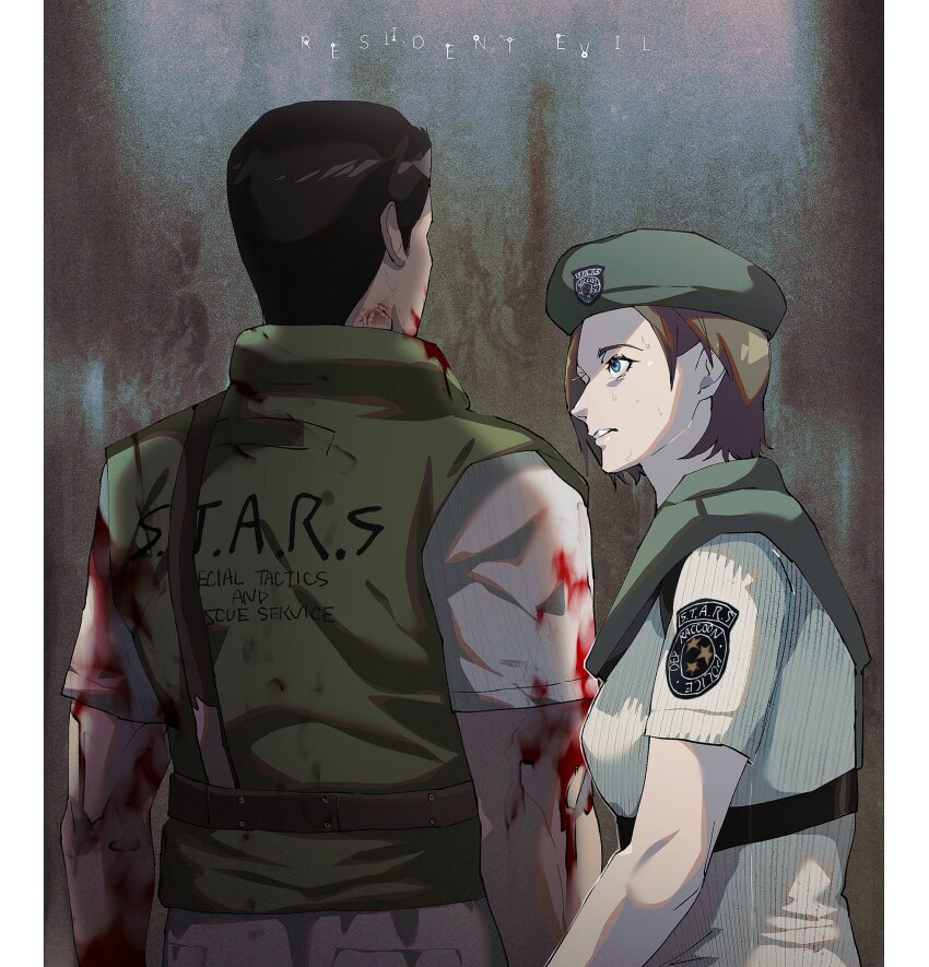 1boy, 1girl, black_hair, blood, breasts, brown_hair, chris_redfield, hat