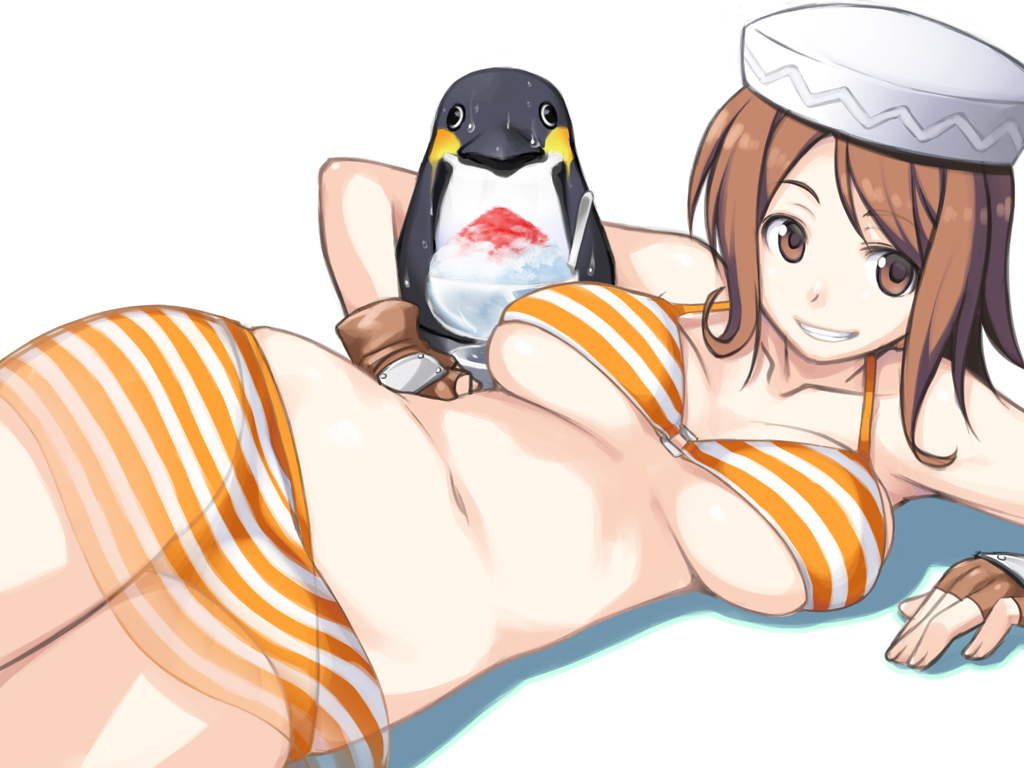 1girl, bikini, bird, breasts, brown_eyes, brown_hair, female_focus, fingerless_gloves, food, gloves, hat, ikujitto, lying, mabinogi, o-ring, o-ring_top, on_side, penguin, player_character_(mabinogi), see-through_clothes, shaved_ice, short_hair, skirt, solo, striped_bikini, striped_clothes, sweat, swimsuit, underboob