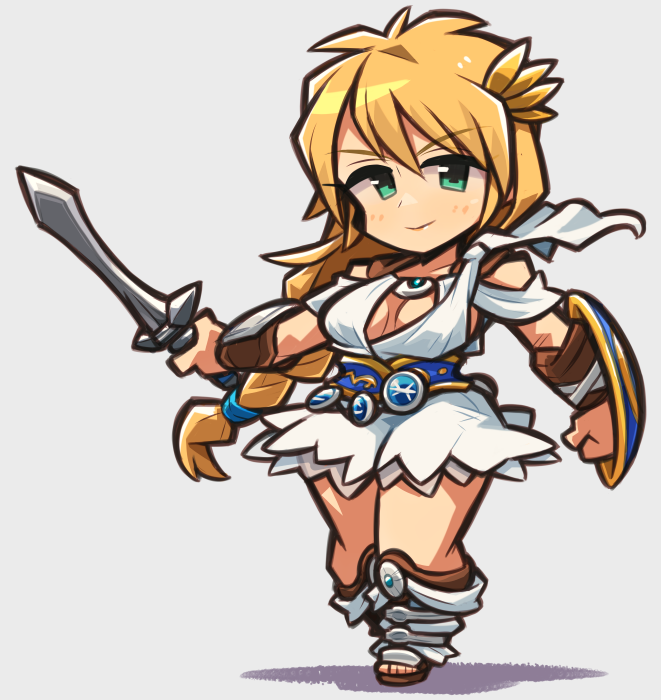 1girl, blonde_hair, breasts, chibi, cleavage, green_eyes, ibara., large_breasts