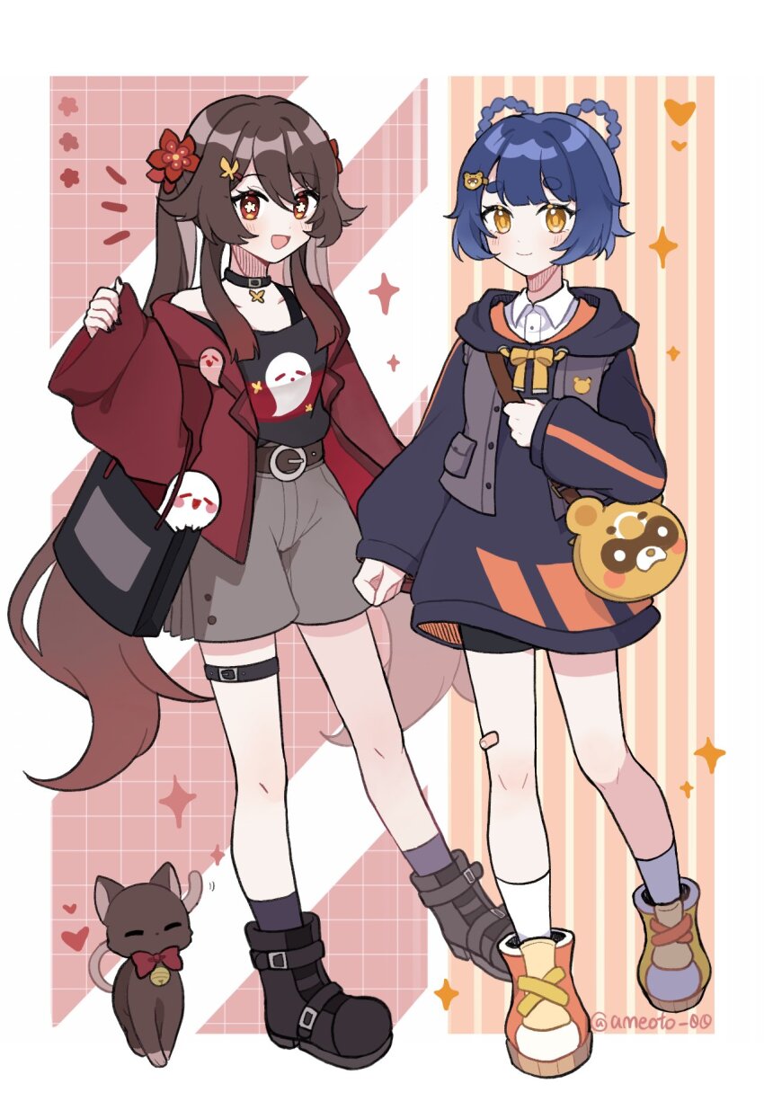 2girls, ameoto_00, black_nails, blue_hair, boo_tao_(genshin_impact), braid, braided_hair_rings, brown_hair, cat, flower, flower-shaped_pupils, genshin_impact, guoba_(genshin_impact), hair_flower, hair_ornament, hair_rings, highres, hu_tao_(genshin_impact), long_hair, looking_at_viewer, multiple_girls, open_mouth, plum_blossoms, red_eyes, sidelocks, symbol-shaped_pupils, thighs, twintails, xiangling_(genshin_impact), yellow_eyes