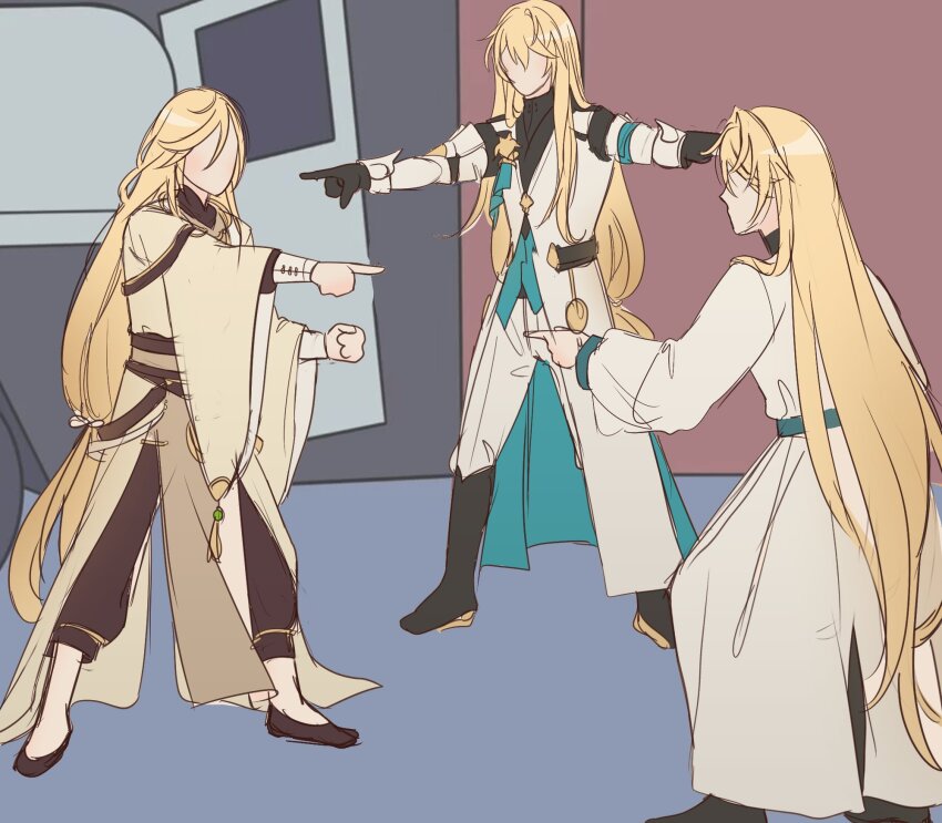 3boys, aqua_vest, black_footwear, black_gloves, black_shirt, blonde_hair, brooch, brown_footwear