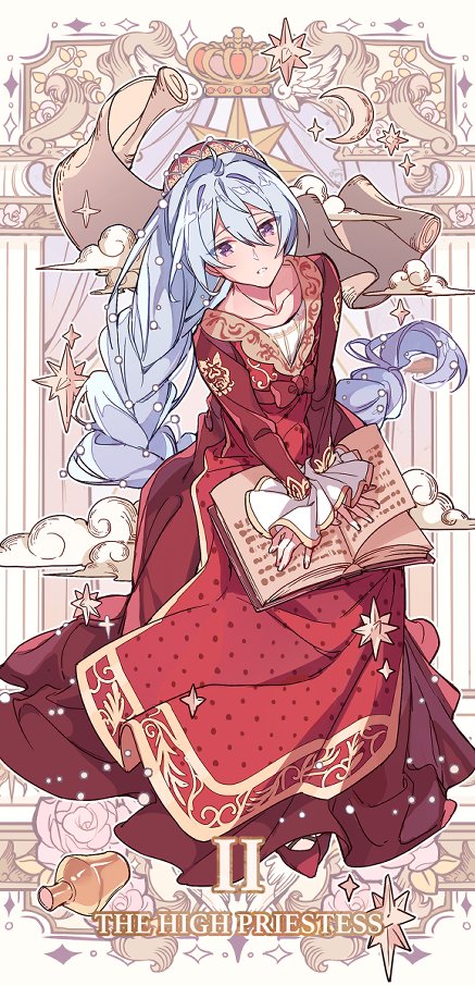 1boy, androgynous, blue_hair, book, braid, card_(medium), cloud, crossdressing