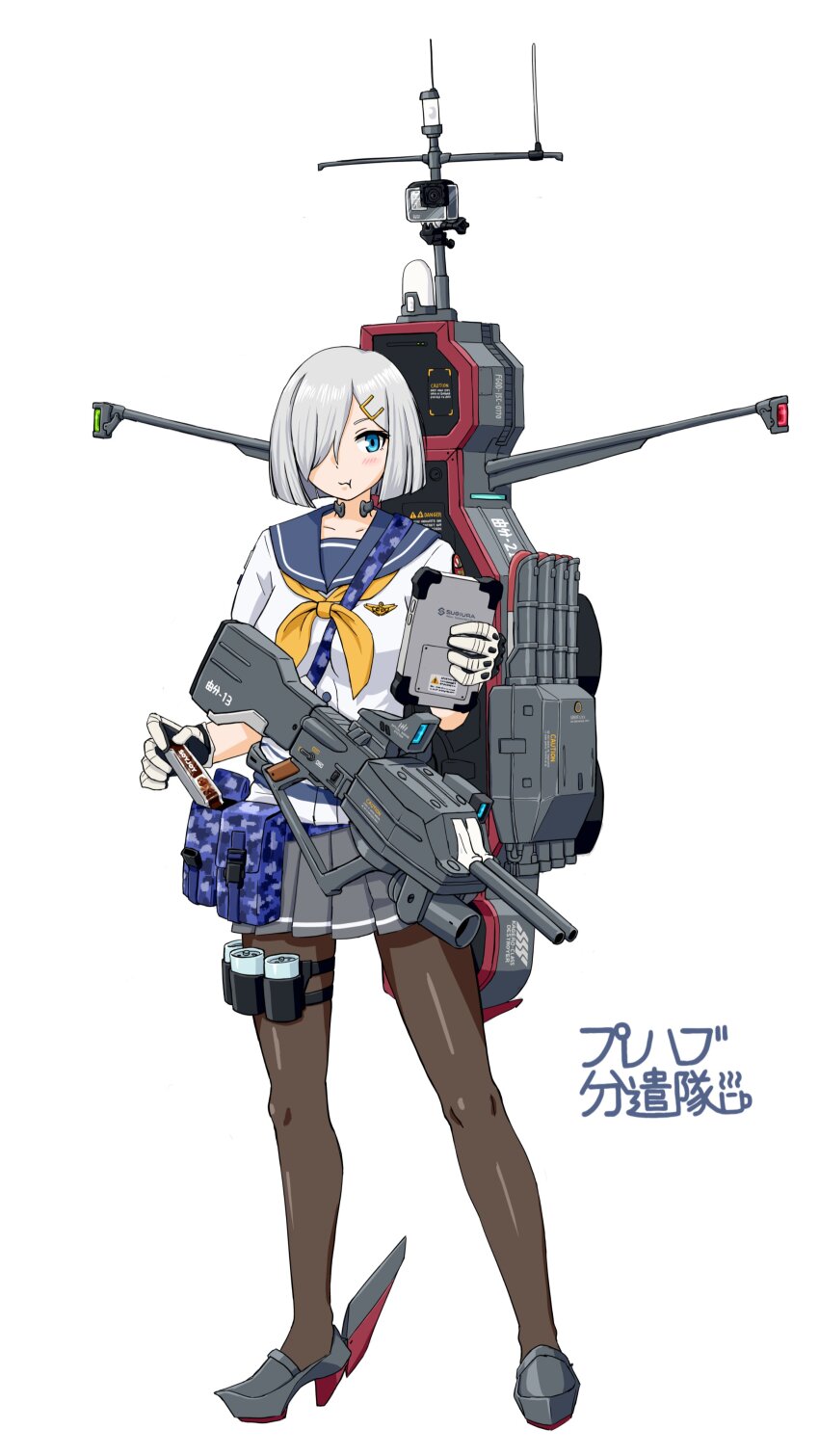 1girl, absurdres, badge, bag, black_pantyhose, blue_eyes, blue_sailor_collar, camera, camouflage, full_body, gloves, grey_hair, grey_skirt, gun, hair_ornament, hair_over_one_eye, hairclip, hamakaze_(kancolle), highres, kantai_collection, looking_at_viewer, neckerchief, pantyhose, pleated_skirt, pout, rifle, rigging, sailor_collar, samusara, school_uniform, serafuku, short_hair, simple_background, skirt, solo, standing, tablet_pc, torpedo_launcher, weapon, white_background, white_gloves, yellow_neckerchief