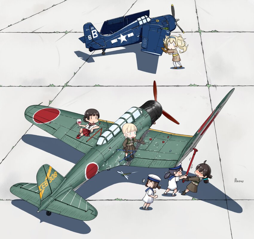 6+girls, absurdres, aircraft, airplane, b5n, chest_harness, chibi, daitou_(kancolle)
