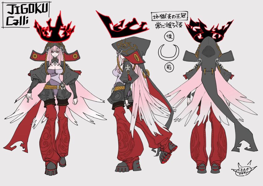 1girl, breasts, reference_sheet, crown, highres, hololive, hololive_english, hood, large_breasts, long_hair, looking_at_viewer, mori_calliope, mori_calliope_(jigoku_6), official_art, pink_hair, platform_footwear, red_eyes, signature, simple_background, stirrup_legwear, toeless_legwear, urana_kei, virtual_youtuber
