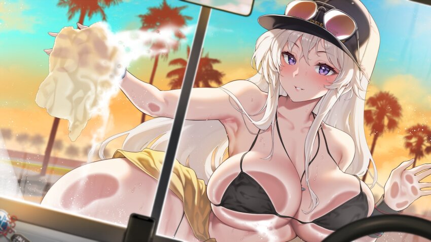 1girl, against_glass, aviator_sunglasses, azur_lane, bare_shoulders, baseball_cap, bikini, black_bikini, breast_press, breasts, breasts_on_glass, brown-tinted_eyewear, clothes_around_waist, enterprise_(anniversary_ride)_(azur_lane), enterprise_(azur_lane), eyewear_on_headwear, fuya_(tempupupu), hand_on_glass, hat, holding_rag, jacket, jacket_around_waist, jewelry, large_breasts, long_hair, necklace, official_alternate_costume, palm_tree, purple_eyes, smile, soap_bubbles, solo, sunglasses, swimsuit, tinted_eyewear, tree, washing_vehicle, white_hair