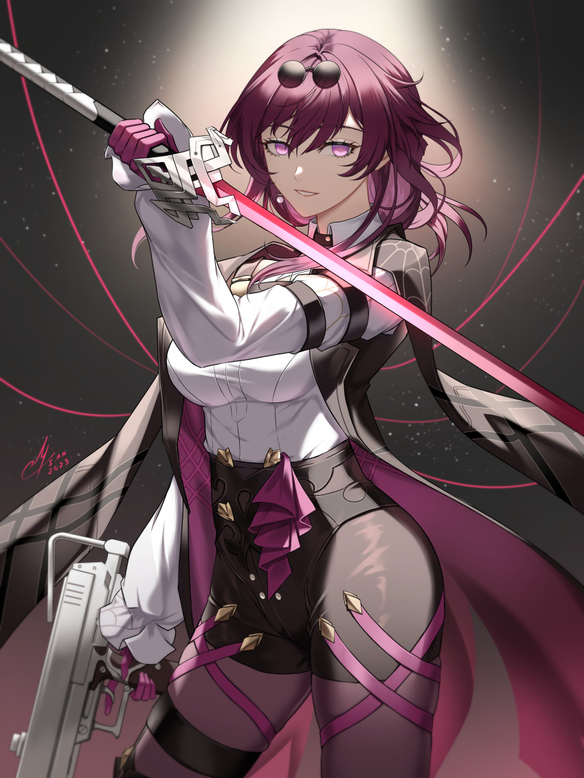 1girl, absurdres, arm_belt, arm_up, artist_name, black_jacket, black_shorts, breasts