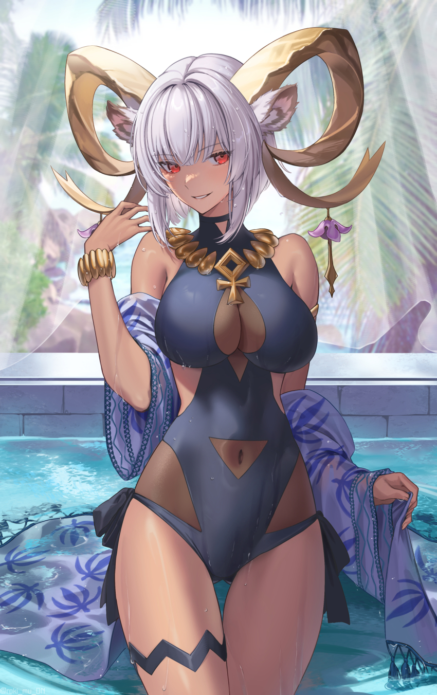 1girl, animal_ears, arknights, black_one-piece_swimsuit, breasts, carnelian_(arknights), clothing_cutout, cowboy_shot