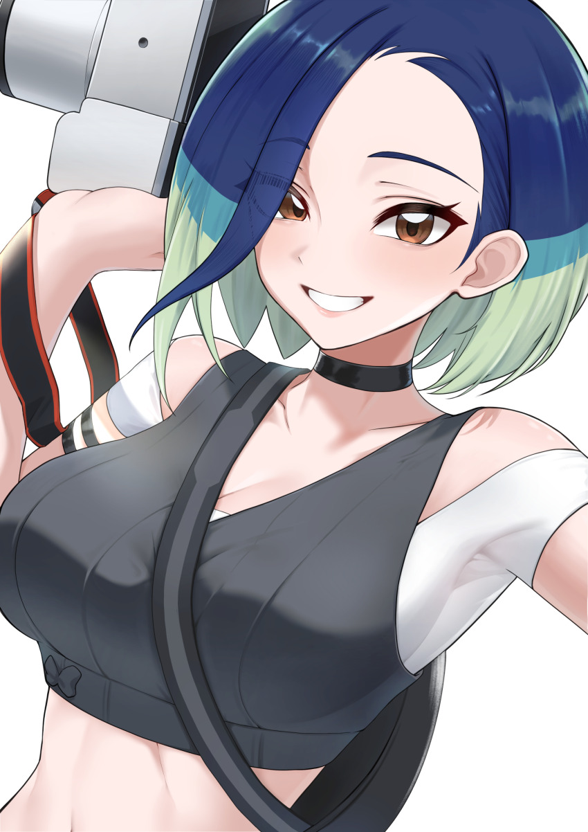 1girl, bare_shoulders, black_choker, black_vest, blue_hair, bob_cut, breasts, brown_eyes