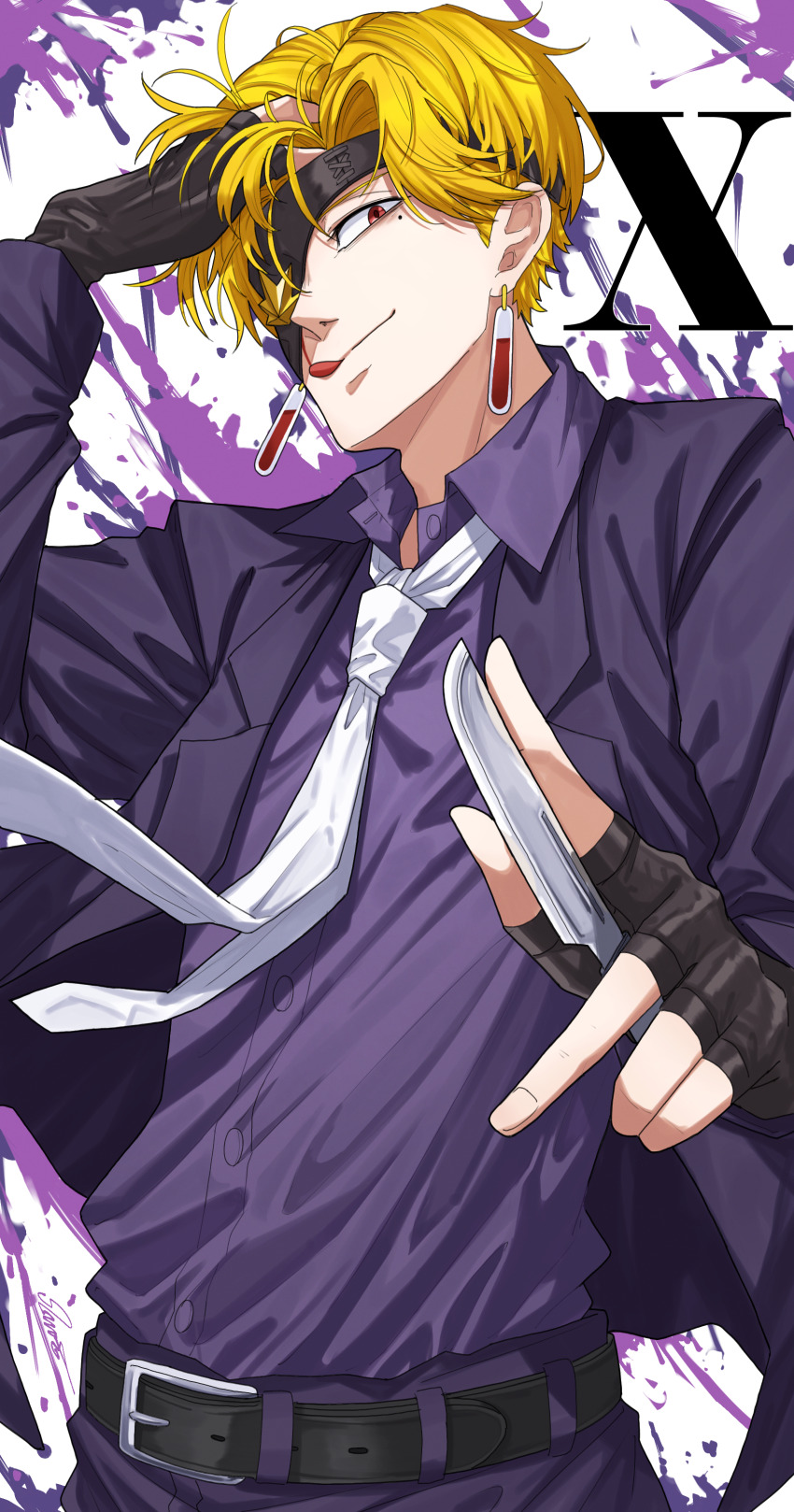 1boy, absurdres, belt, black_gloves, black_jacket, black_shirt, blonde_hair, earrings