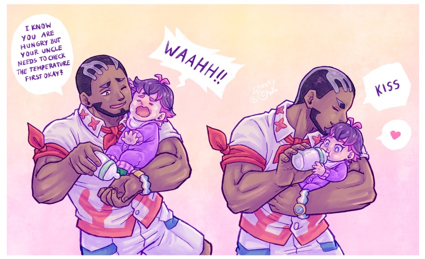 1boy, 1girl, absurdres, aged_down, armband, baby_bottle, beard, black_hair