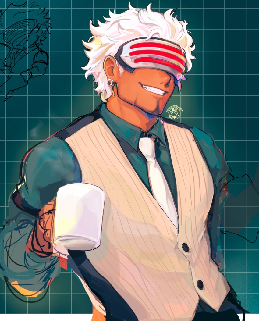 1boy, ace_attorney, aqua_shirt, buttons, collared_shirt, covered_eyes, cup, dark-skinned_male, dark_skin, earrings, facial_hair, facing_viewer, godot_(ace_attorney), green_background, grid_background, grin, head-mounted_display, highres, holding, holding_cup, jewelry, long_sleeves, male_focus, messy_hair, messyinklines, necktie, pinstripe_pattern, pinstripe_vest, shirt, short_hair, sleeve_garter, smile, solo, striped, upper_body, vest, white_hair, white_necktie, yellow_vest