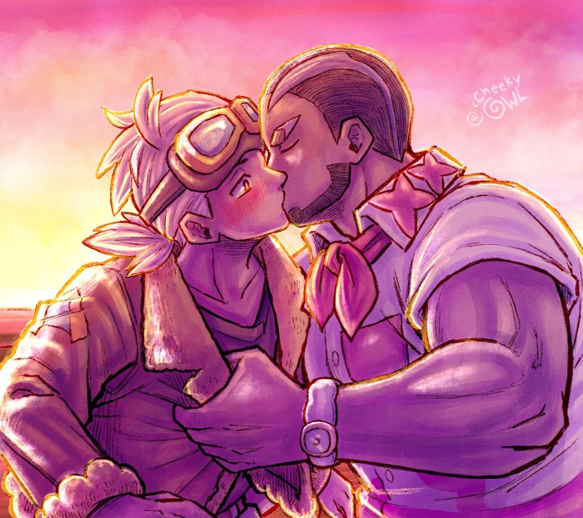 2boys, artist_name, bara, beard, black_hair, blush, brown_jacket, cheekyowl