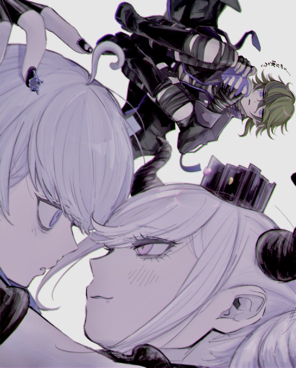 1girl, 2boys, ahoge, bandaged_arm, bandaged_chest, bandaged_leg, bandages, black_coat, black_footwear, black_horns, black_nails, book, boots, coat, commentary, crown, eye_contact, face-to-face, floating, full_body, green_hair, grey_hair, hair_between_eyes, hand_on_another's_head, highres, holding, holding_book, horns, knees_up, long_sleeves, looking_at_another, master_detective_archives:_rain_code, multicolored_hair, multiple_boys, nail_polish, open_book, open_clothes, open_coat, parted_lips, pink_eyes, profile, purple_eyes, reading, shinigami_(rain_code), short_hair, simple_background, smile, streaked_hair, sumino_suito, untranslatable_commentary, upper_body, vivia_twilight, white_hair, yuma_kokohead