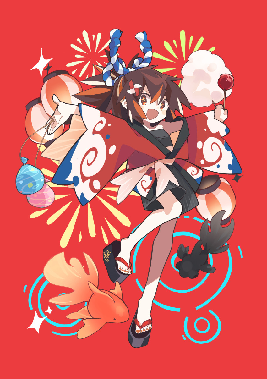 1girl, absurdres, aida_(aidia), black_shorts, brown_eyes, brown_hair, candy_apple, cotton_candy