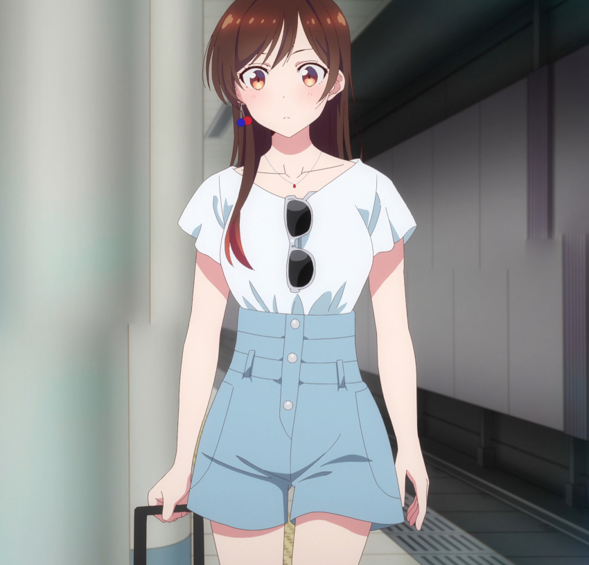 1girl, absurdres, anime_screenshot, breasts, brown_eyes, brown_hair, collarbone, denim