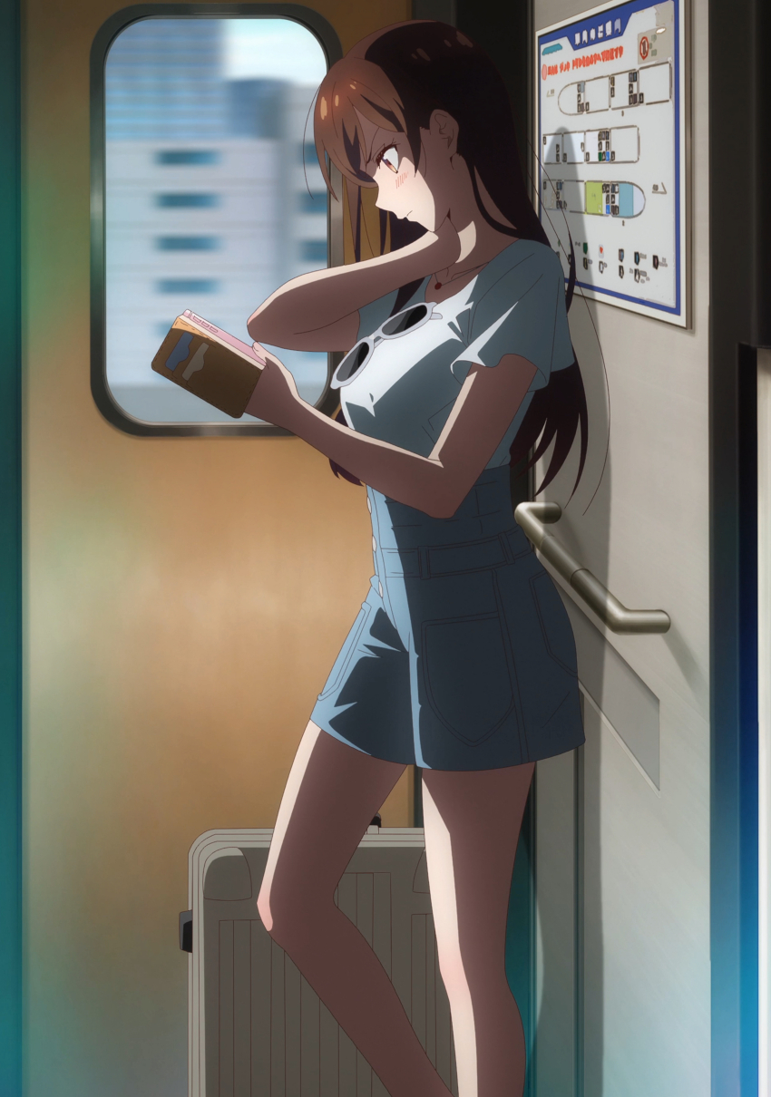 1girl, absurdres, anime_screenshot, breasts, brown_eyes, brown_hair, cellphone, collarbone, denim, denim_shorts, glasses, glasses_on_shirt, highres, holding, holding_phone, jewelry, kanojo_okarishimasu, large_breasts, long_hair, looking_at_phone, mizuhara_chizuru, necklace, phone, shirt, shirt_tucked_in, shorts, sidelocks, stitched, suitcase, thighs, third-party_edit, white_shirt