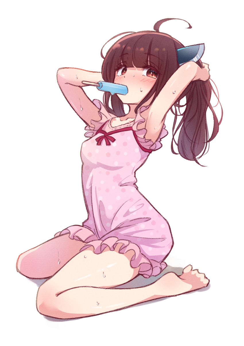 1girl, ahoge, armpits, arms_up, bare_arms, bare_legs, barefoot, blunt_bangs