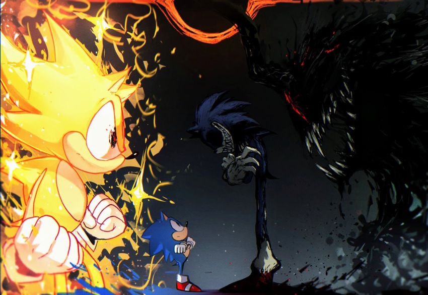 aura, black_hole, black_sclera, black_sun, claws, colored_sclera, exe_(revie), faker_(revie), gloves, highres, horn, imminent_fight, open_mouth, red_eyes, sharp_teeth, shefki, size_difference, smile, sonic.exe, sonic_(series), sonic_the_hedgehog, sonic_the_hedgehog_(classic), sun, super_sonic, teeth, white_gloves