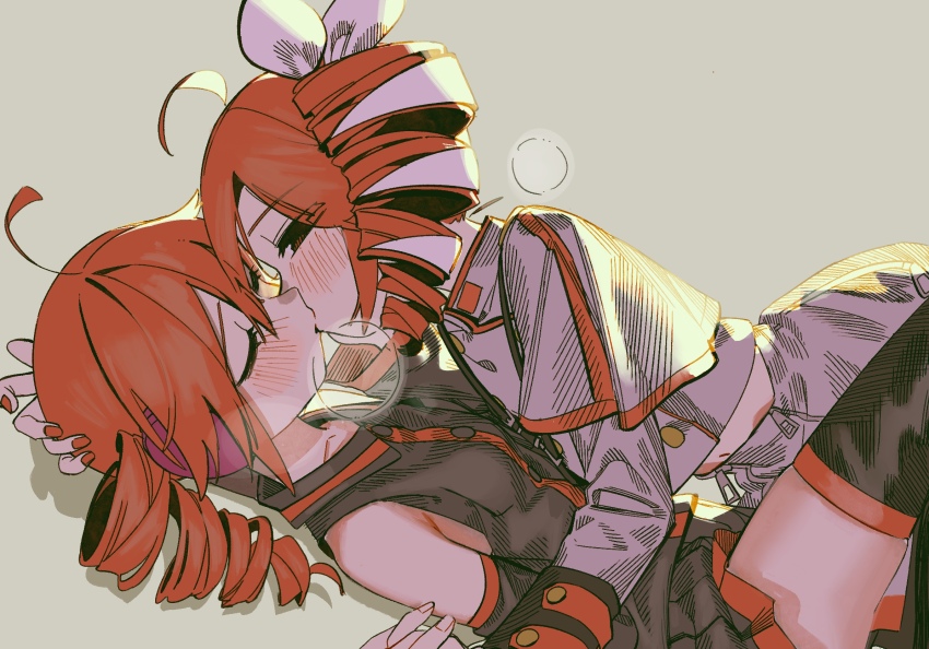 2girls, ahoge, black_shirt, black_skirt, black_thighhighs, blush, buttons, closed_eyes, collared_shirt, commentary_request, detached_sleeves, double-breasted, drill_hair, dual_persona, facing_another, french_kiss, from_side, girl_on_top, grey_background, grey_jacket, grey_skirt, hair_ribbon, half-closed_eyes, hand_on_another's_cheek, hand_on_another's_face, head_grab, headphones, highres, holding_hands, inemuri_(jdq5e), jacket, kasane_teto, kasane_teto_(sv), kasane_teto_(utau), kiss, knee_up, long_sleeves, looking_at_another, lying, midriff, multiple_girls, navel, on_back, pleated_skirt, profile, red_hair, red_nails, ribbon, selfcest, shirt, shoulder_belt, skindentation, skirt, sleeve_cuffs, sleeveless, sleeveless_shirt, steaming_body, synthesizer_v, thighhighs, thighs, twin_drills, uniform, utau, white_ribbon, yuri