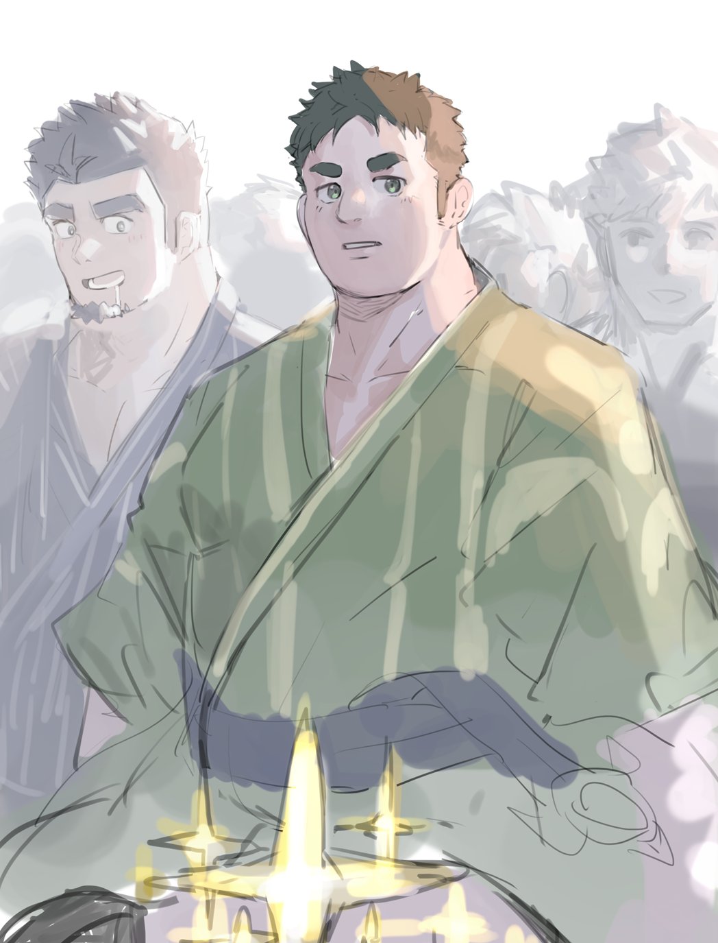 2boys, bara, blush, character_request, crave_saga, crowd, drooling, facial_hair, glowing_crotch, goatee, green_kimono, highres, japanese_clothes, kimono, long_sideburns, looking_at_crotch, looking_at_penis, male_focus, multiple_boys, neumo, pectoral_cleavage, pectorals, protagonist_(crave_saga), short_hair, sideburns, solo_focus, sparkle, sparkling_aura, thick_eyebrows, yaoi