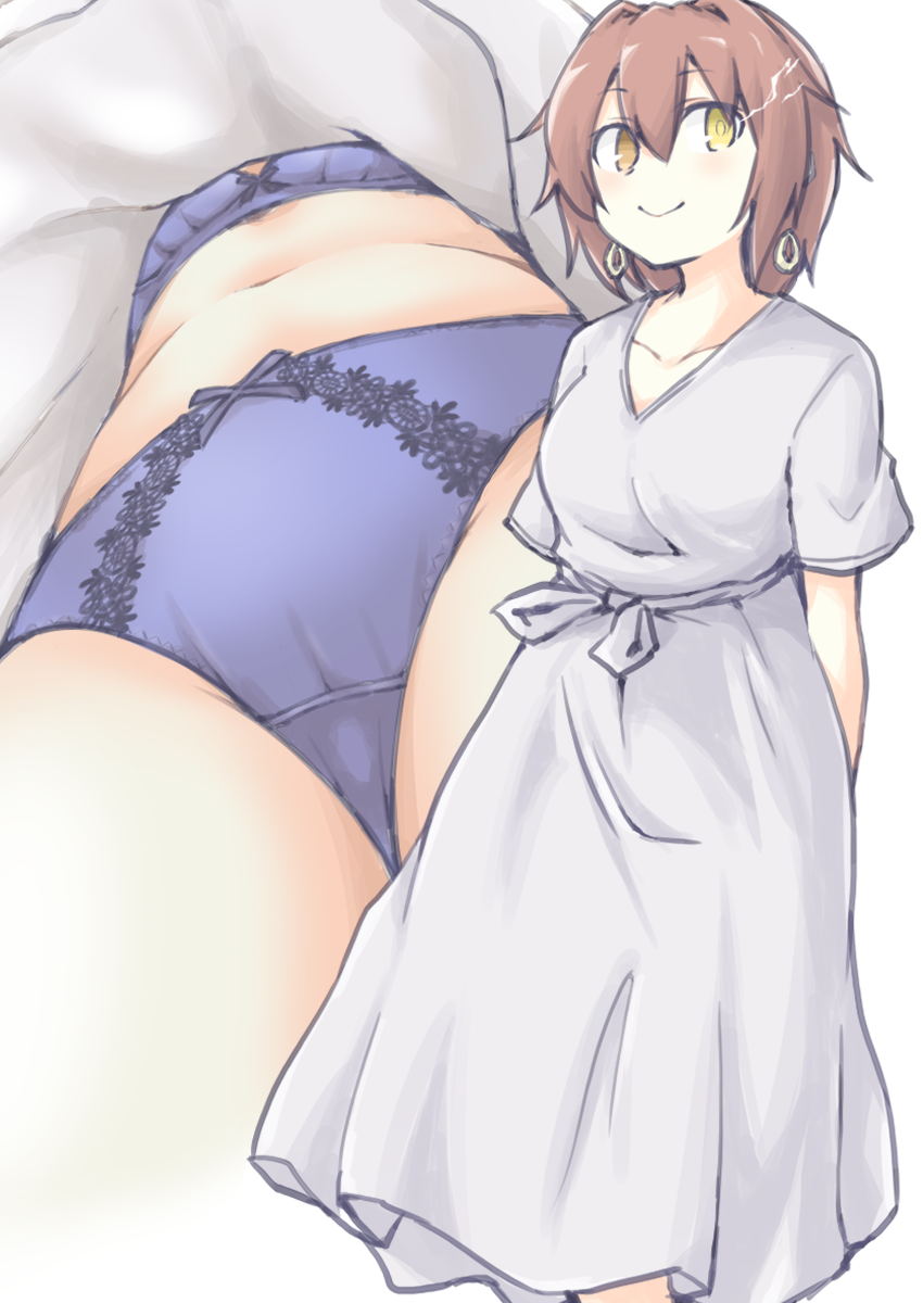 1girl, akara_kai, arms_behind_back, blue_bra, blue_panties, bra, brown_hair, dress, extended_upskirt, feet_out_of_frame, furutaka_(kancolle), furutaka_(summer)_(kancolle), glowing, glowing_eye, heterochromia, highres, kantai_collection, looking_at_viewer, mtu_virus, multiple_views, official_alternate_costume, panties, short_hair, standing, underwear, upskirt, white_dress, yellow_eyes