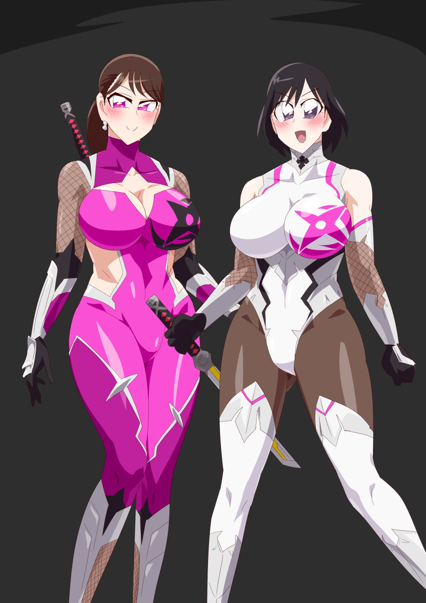 2girls, absurdres, black_hair, bodysuit, bodysuits, brown_hair, highres, igasaki_fuuka, momochi_kasumi, multiple_girls, otokam1117, otokamu, shuriken_sentai_ninninger, super_sentai, weapons