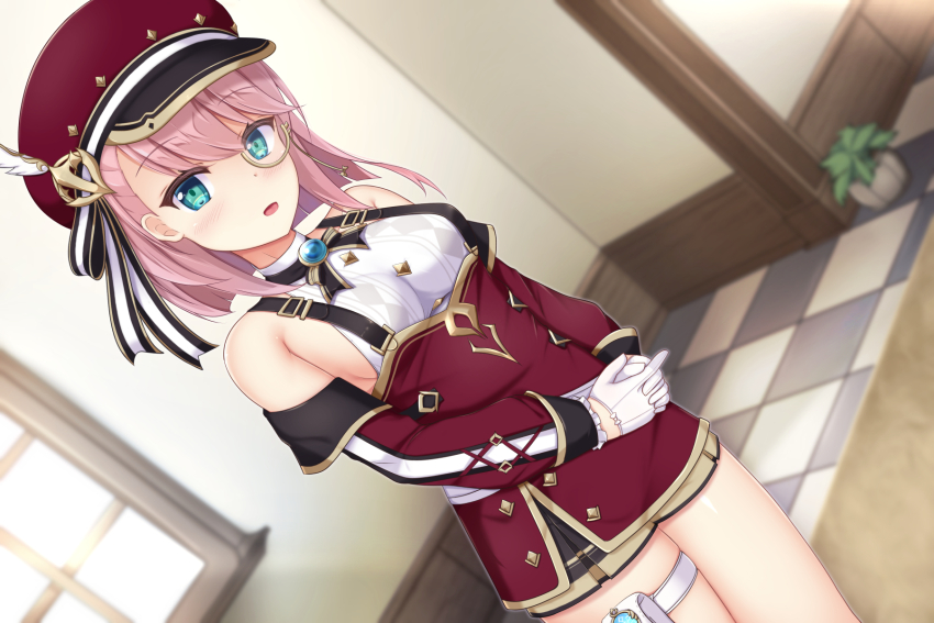 1girl, bai_da, bare_shoulders, belt, blue_gem, blush, breasts, newsboy_cap, charlotte_(genshin_impact), cross-laced_clothes, cross-laced_sleeves, detached_sleeves, gem, genshin_impact, gloves, green_eyes, hat, hat_feather, highres, indoors, long_sleeves, looking_at_viewer, medium_breasts, medium_hair, monocle, open_mouth, own_hands_together, pink_hair, puffy_detached_sleeves, puffy_sleeves, red_hat, red_sleeves, sideboob, smile, solo, standing, white_belt, white_gloves