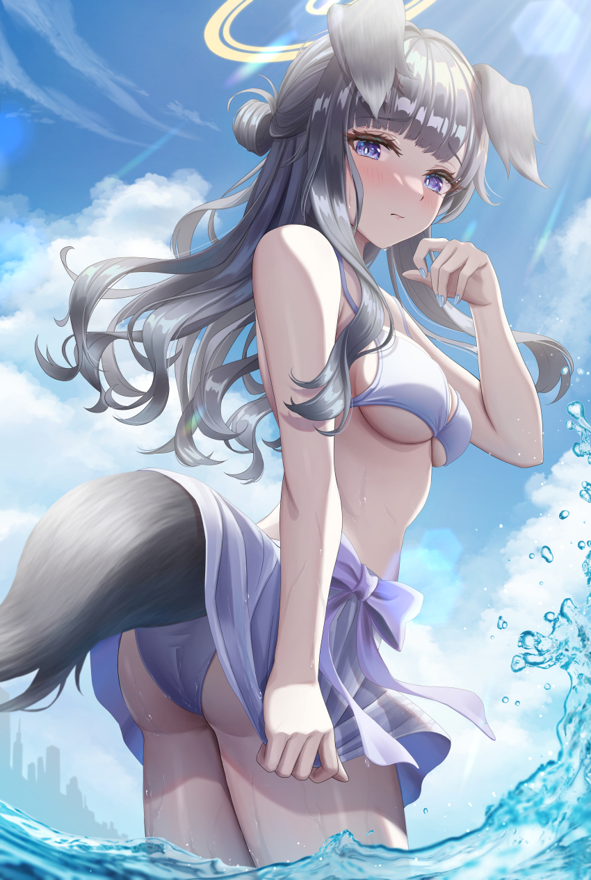 1girl, absurdres, animal_ears, ass, bikini, bikini_tug, black_hair, blue_archive