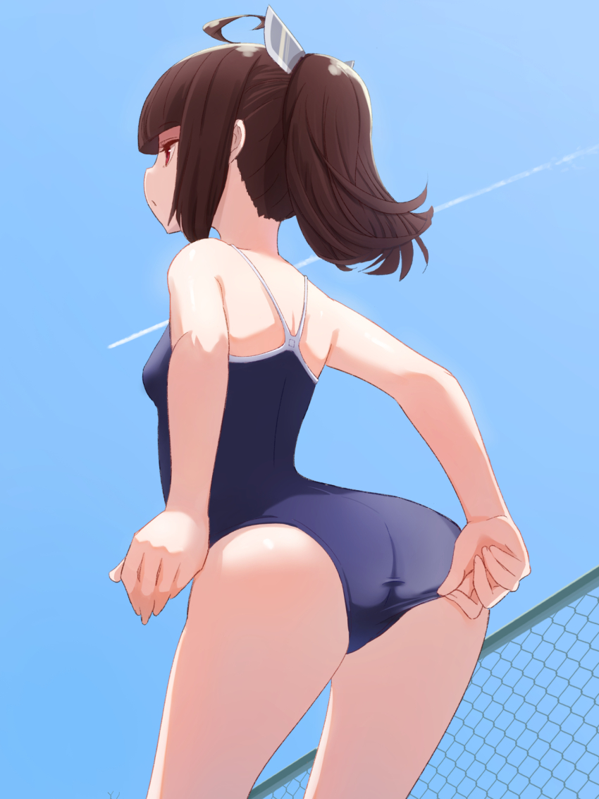 1girl, adjusting_clothes, adjusting_swimsuit, ahoge, arched_back, arm_at_side, ass, bare_arms