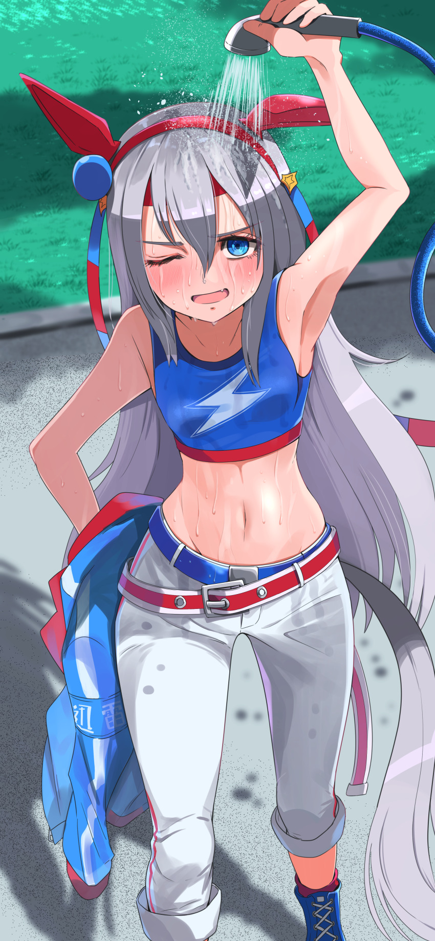 1girl, absurdres, animal_ears, arm_up, armpits, bare_shoulders, blue_footwear, blue_jacket