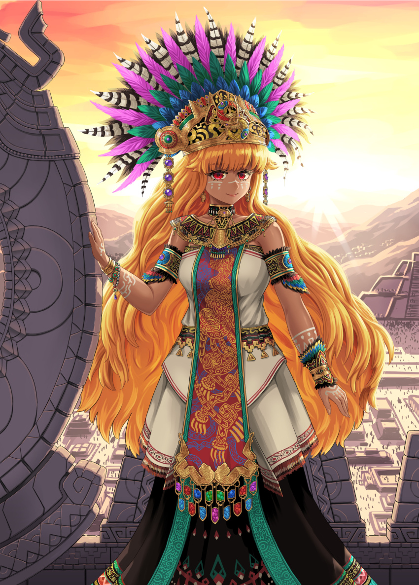 1girl, alternate_costume, architecture, arm_up, armlet, aztec, backlighting, bare_shoulders