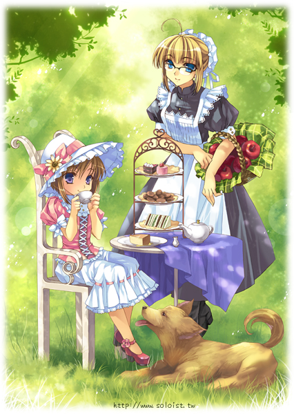 2girls, ahoge, apple, basket, blonde_hair, blue_eyes, brown_hair, cake