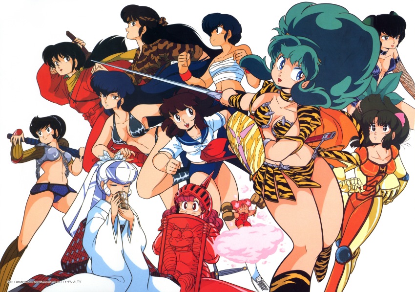 6+girls, absurdres, animal_print, arm_shield, armor, artist_request, benten_(urusei_yatsura), bikini
