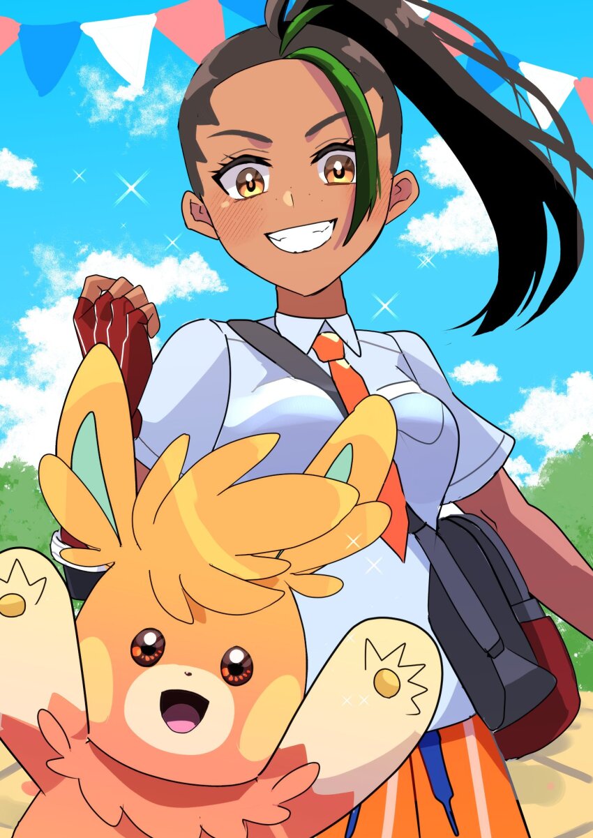 1girl, akisame_kanon, black_hair, collared_shirt, dark-skinned_female, dark_skin, gloves, green_hair