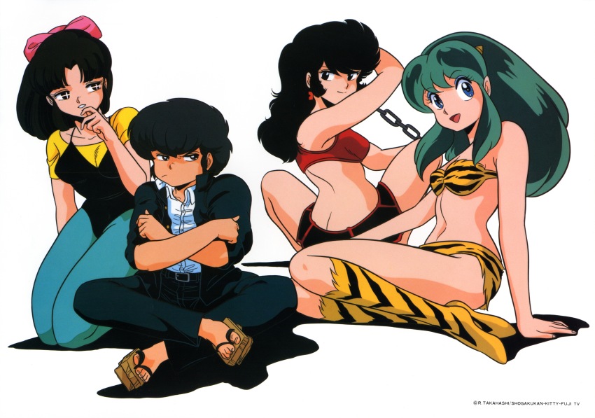 4girls, absurdres, animal_print, armor, artist_request, belt, belt_buckle, benten_(urusei_yatsura)