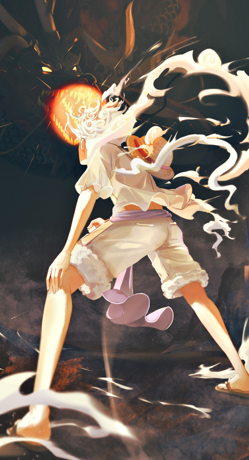 1boy, absurdres, alternate_form, cloud_hair, curly_hair, dizzen, dragon, eastern_dragon