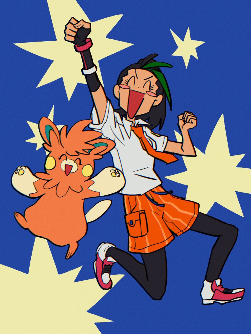 1girl, black_hair, black_pantyhose, blush_stickers, closed_eyes, collared_shirt, dark-skinned_female, dark_skin, gloves, green_hair, highres, long_hair, multicolored_hair, naranja_academy_school_uniform, necktie, nemona_(pokemon), nintendo, nizaki_jitsu, open_mouth, orange_eyes, orange_fur, orange_necktie, orange_shorts, outdoors, pantyhose, pantyhose_under_shorts, pawmot, pokemon, pokemon_(creature), pokemon_scarlet_and_violet, ponytail, raised_fist, school_uniform, shirt, short_sleeves, shorts, smile, solo, streaked_hair, teeth, two-tone_hair