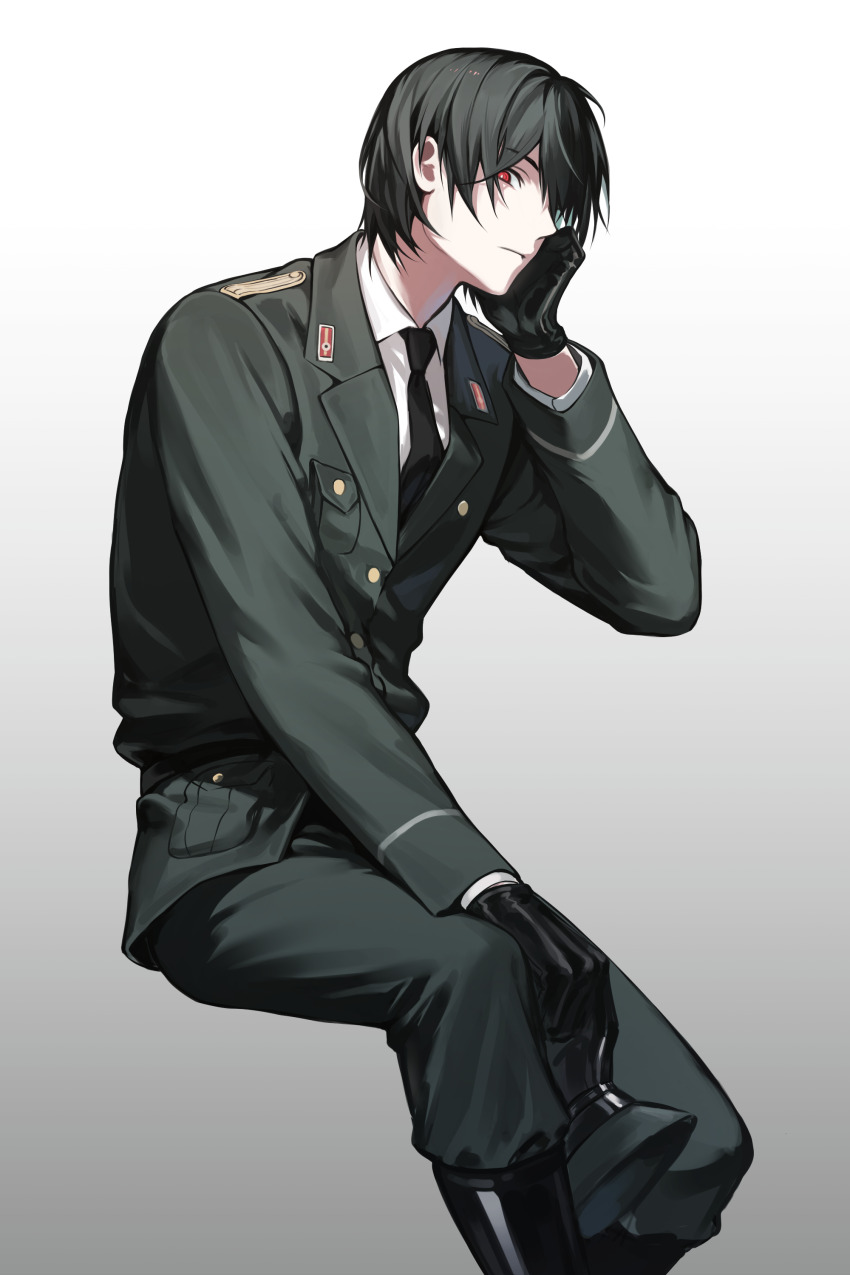 1boy, absurdres, black_boots, black_gloves, black_hair, black_necktie, boots, buttons