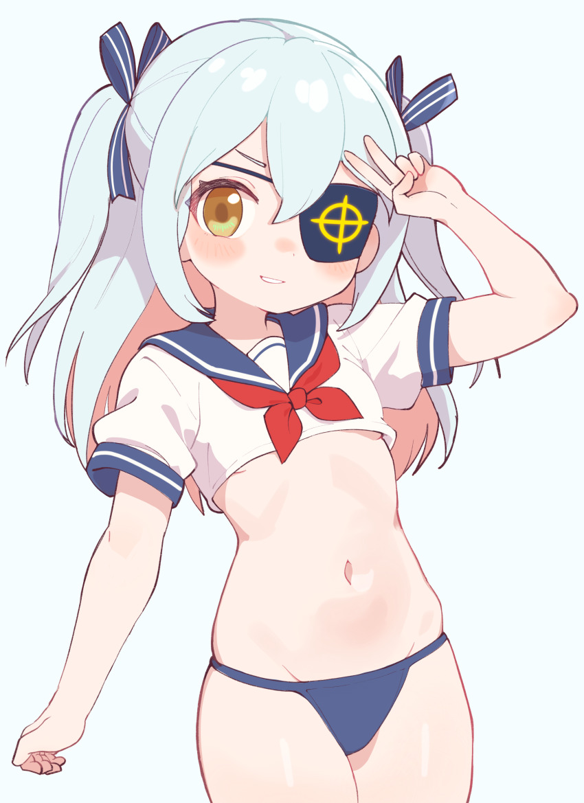 1girl, absurdres, bikini, bikini_bottom_only, blue_background, blue_bikini, blue_hair, blue_ribbon, blue_sailor_collar, colored_inner_hair, cowboy_shot, cropped_shirt, eyepatch, female_focus, grin, groin, hair_between_eyes, hair_ribbon, hand_up, highres, last_origin, light_blue_hair, lk149, loli, long_hair, looking_at_viewer, lrl_(last_origin), multicolored_hair, navel, neckerchief, pink_hair, red_neckerchief, ribbon, sailor_collar, sailor_shirt, shirt, short_sleeves, simple_background, smile, solo, swimsuit, two-tone_hair, two_side_up, v, white_shirt, yellow_eyes