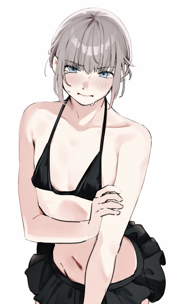 1boy, bikini, bikini_skirt, black_bikini, blonde_hair, blue_eyes, blush, closed_mouth, crossdressing, crossdressing_(mtf), fate/grand_order, fate_(series), frilled_bikini, frills, grey_hair, hair_between_eyes, halterneck, looking_at_viewer, male_focus, oberon_(fate), sausu_hitori, simple_background, solo, sweat, swimsuit, tears, trap, white_background